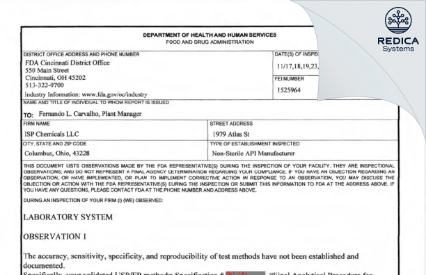 FDA 483 - ISP Chemicals LLC [Columbus Ohio / United States of America] - Download PDF - Redica Systems