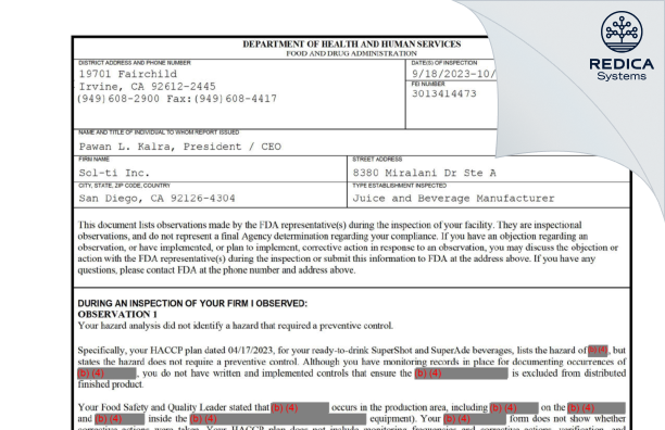 FDA 483 - Sol-ti Inc. [San Diego / United States of America] - Download PDF - Redica Systems