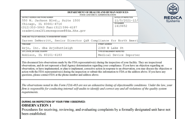 FDA 483 - Arjo, Inc. dba ArjoHuntleigh [Addison / United States of America] - Download PDF - Redica Systems