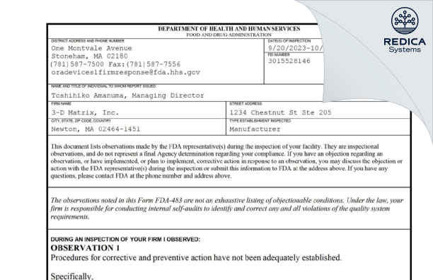 FDA 483 - 3-D Matrix, Inc. [Newton / United States of America] - Download PDF - Redica Systems