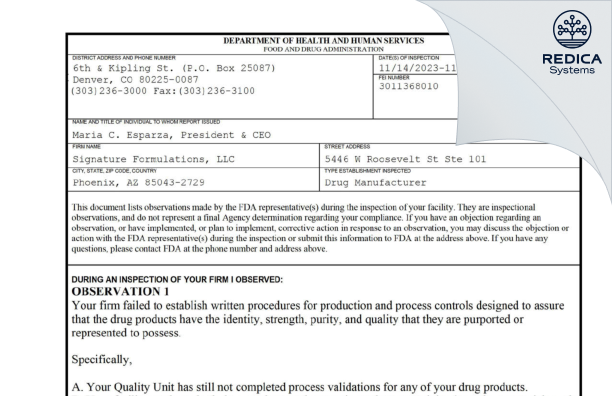 FDA 483 - Signature Formulations LLC [Arizona / United States of America] - Download PDF - Redica Systems