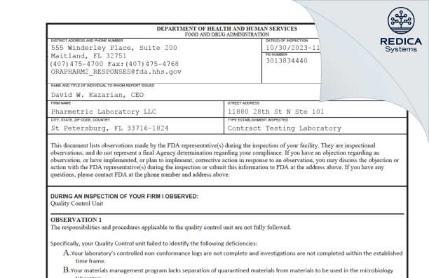 FDA 483 - Pharmetric Laboratory LLC [Saint Petersburg / United States of America] - Download PDF - Redica Systems