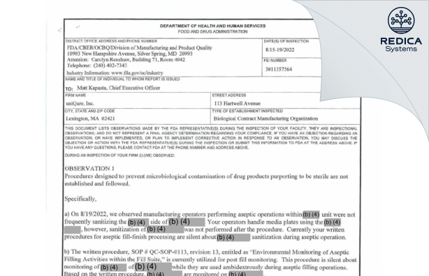 FDA 483 - uniQure, Inc. [Lexington / United States of America] - Download PDF - Redica Systems