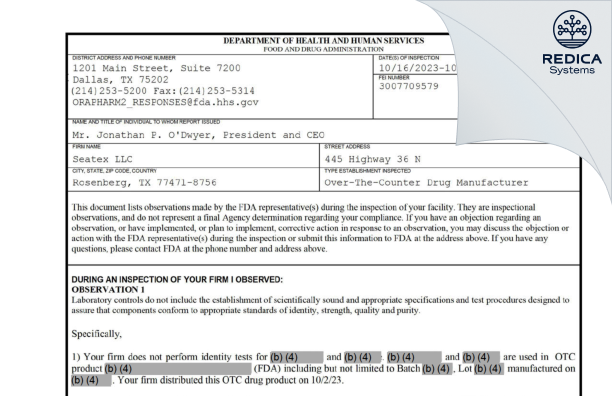 FDA 483 - Seatex, LLC [Texas / United States of America] - Download PDF - Redica Systems