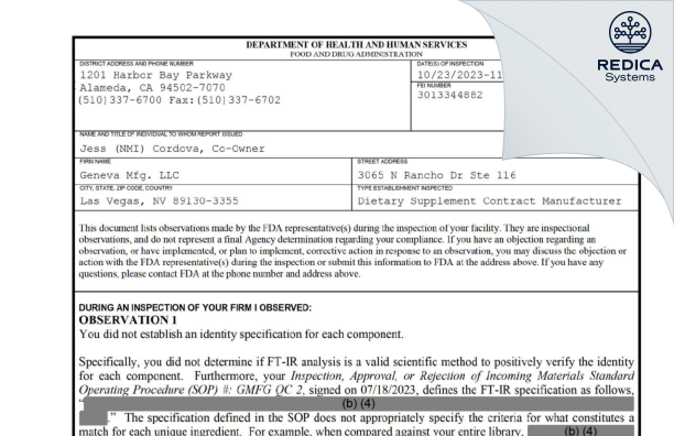 FDA 483 - Geneva Mfg. LLC [Las Vegas / United States of America] - Download PDF - Redica Systems