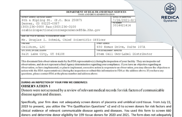 FDA 483 - CellSure, L3C [Salt Lake City / United States of America] - Download PDF - Redica Systems