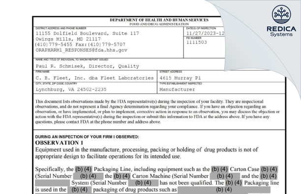 FDA 483 - C.B. Fleet Company, Inc. [Lynchburg / United States of America] - Download PDF - Redica Systems