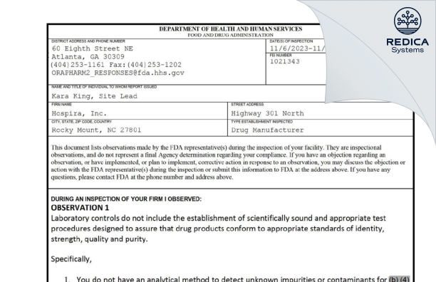 FDA 483 - Hospira, Inc. [Rocky Mount / United States of America] - Download PDF - Redica Systems