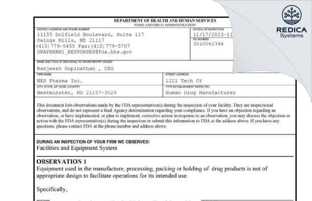 FDA 483 - WES PHARMA INC [Westminster / United States of America] - Download PDF - Redica Systems