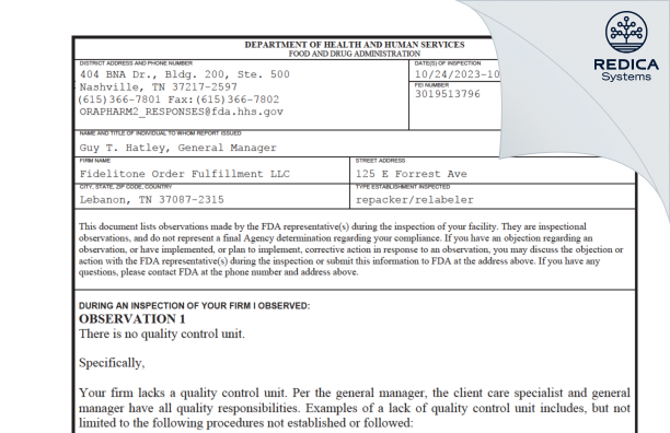FDA 483 - Fidelitone Order Fulfillment, LLC [Lebanon / United States of America] - Download PDF - Redica Systems