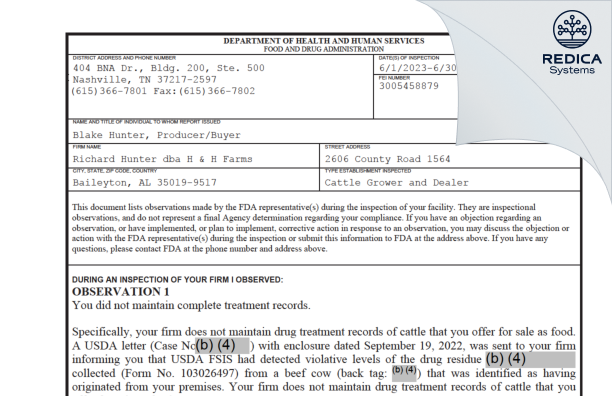 FDA 483 - Richard Hunter dba H & H Farms [Baileyton / United States of America] - Download PDF - Redica Systems