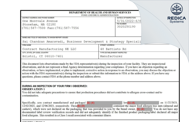 FDA 483 - Contract Manufacturing NE LLC [Bristol / United States of America] - Download PDF - Redica Systems