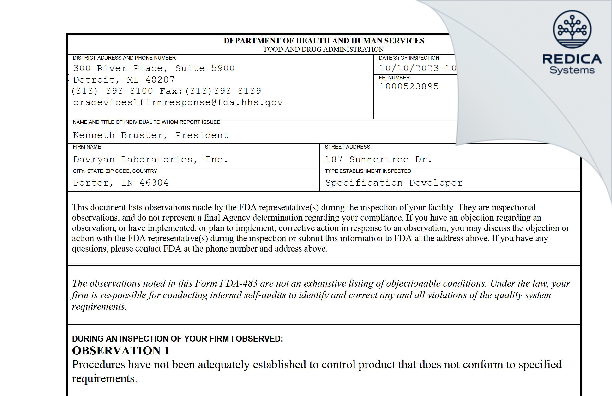 FDA 483 - Davryan Laboratories, Inc. [Porter / United States of America] - Download PDF - Redica Systems