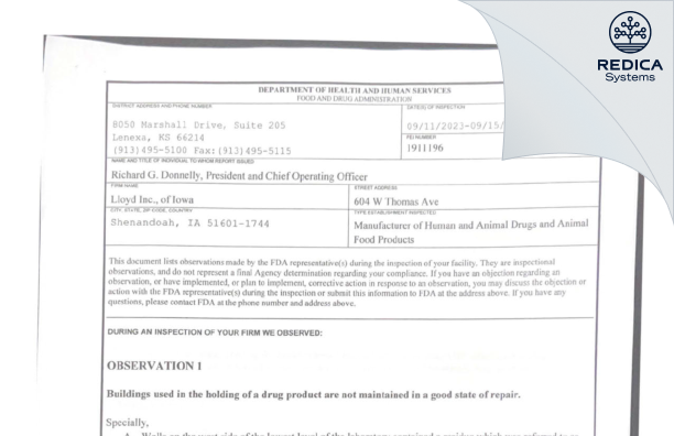 FDA 483 - LLOYD, Inc. of Iowa [Shenandoah / United States of America] - Download PDF - Redica Systems