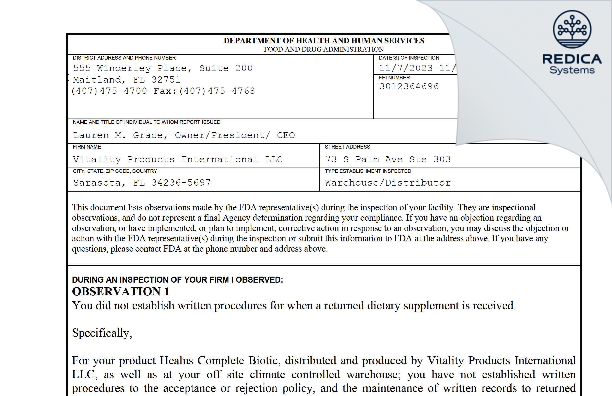 FDA 483 - Vitality Products International LLC [Sarasota / United States of America] - Download PDF - Redica Systems