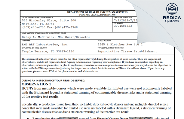 FDA 483 - RMG ART Laboratories, LLC [Temple Terrace / United States of America] - Download PDF - Redica Systems