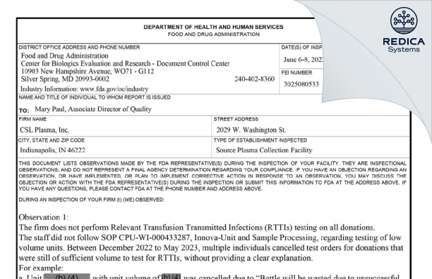 FDA 483 - CSL Plasma Inc [Indianapolis / United States of America] - Download PDF - Redica Systems