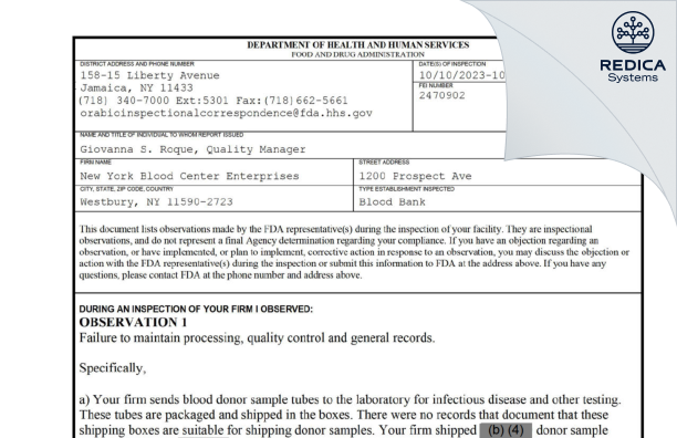 FDA 483 - New York Blood Center Enterprises [Westbury / United States of America] - Download PDF - Redica Systems