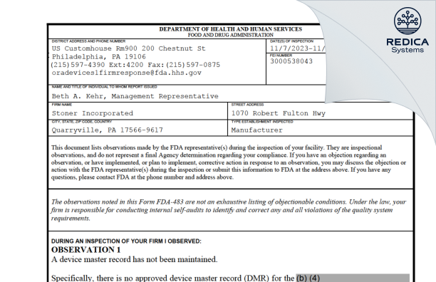 FDA 483 - STONER INCORPORATED [Quarryville / United States of America] - Download PDF - Redica Systems