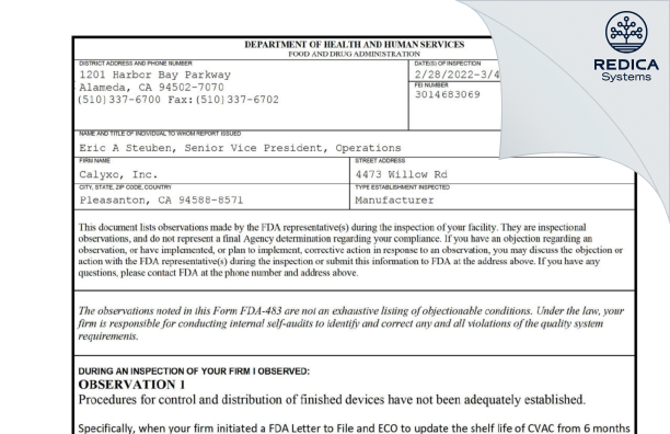 FDA 483 - Calyxo, Inc. [Pleasanton / United States of America] - Download PDF - Redica Systems