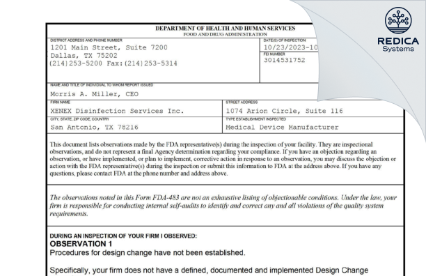 FDA 483 - XENEX Disinfection Services Inc. [San Antonio / United States of America] - Download PDF - Redica Systems
