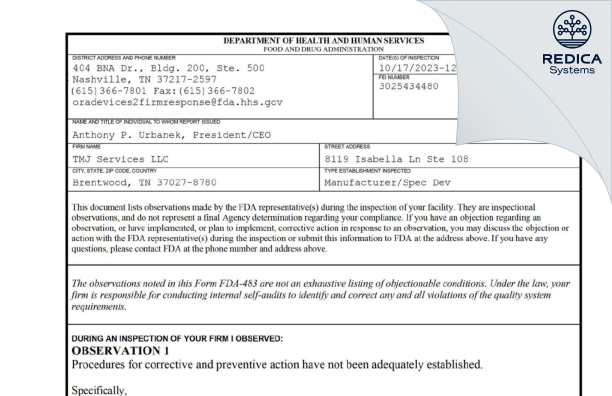 FDA 483 - TMJ SERVICES LLC [Brentwood / United States of America] - Download PDF - Redica Systems