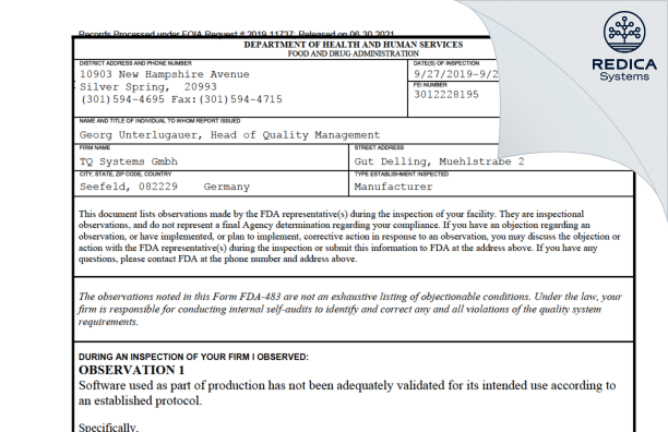 FDA 483 - TQ Systems GmbH [Seefeld / Germany] - Download PDF - Redica Systems