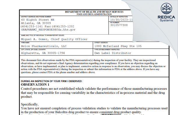 FDA 483 - Avion Pharmaceuticals, LLC [Alpharetta Georgia / United States of America] - Download PDF - Redica Systems