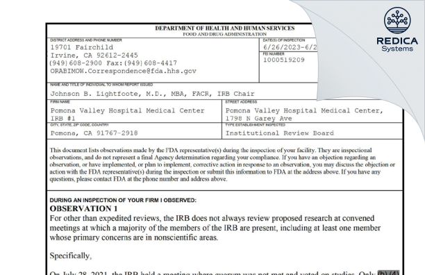 FDA 483 - Pomona Valley Hospital Medical Center IRB #1 [Pomona / United States of America] - Download PDF - Redica Systems