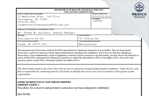 FDA 483 - Sterigenics US LLC [Salem / United States of America] - Download PDF - Redica Systems