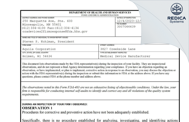 FDA 483 - AQUILA CORP. [Holmen / United States of America] - Download PDF - Redica Systems