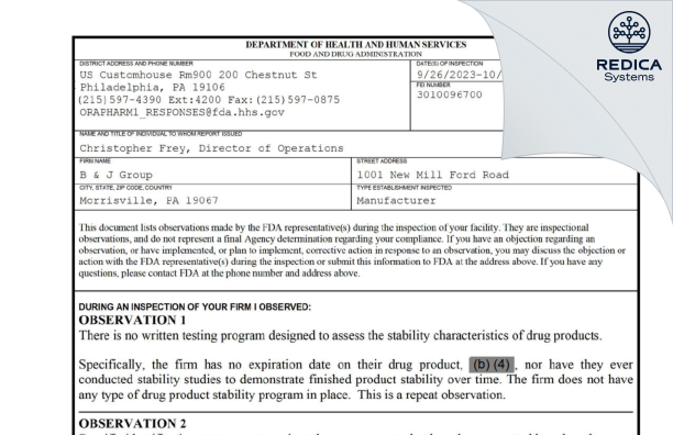 FDA 483 - B & J Group [Morrisville / United States of America] - Download PDF - Redica Systems