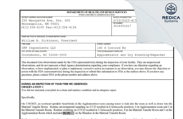 FDA 483 - OFP Ingredients LLC [Oconomowoc / United States of America] - Download PDF - Redica Systems