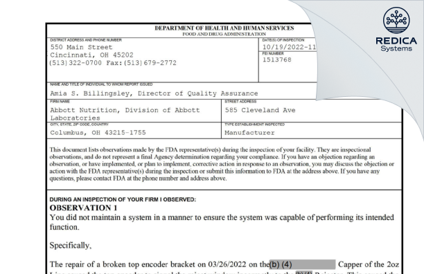 FDA 483 - Abbott Laboratories [Columbus / United States of America] - Download PDF - Redica Systems