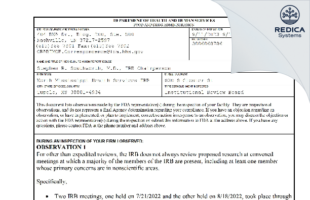 FDA 483 - North Mississippi Health Services IRB [Tupelo / United States of America] - Download PDF - Redica Systems