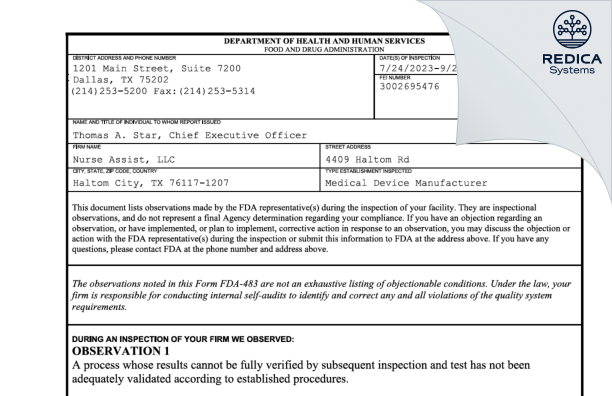 FDA 483 - Nurse Assist, LLC [Haltom City / United States of America] - Download PDF - Redica Systems