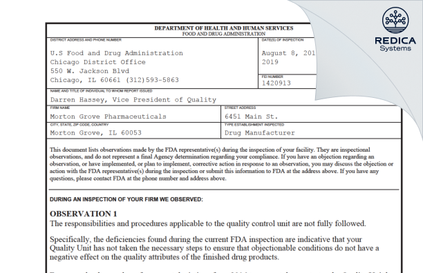 FDA 483 - Morton Grove Pharmaceuticals, Inc. [Morton Grove / United States of America] - Download PDF - Redica Systems
