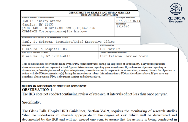 FDA 483 - Glens Falls Hospital IRB [Glens Falls / United States of America] - Download PDF - Redica Systems