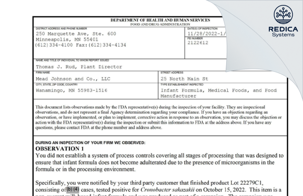 FDA 483 - Mead Johnson and Co., LLC [Wanamingo / United States of America] - Download PDF - Redica Systems