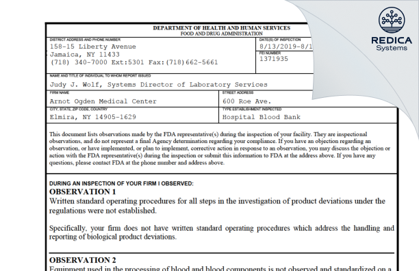 FDA 483 - Arnot Ogden Medical Center [Elmira / United States of America] - Download PDF - Redica Systems