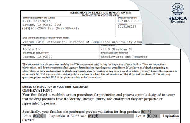 FDA 483 - Adonis Inc [Corona / United States of America] - Download PDF - Redica Systems