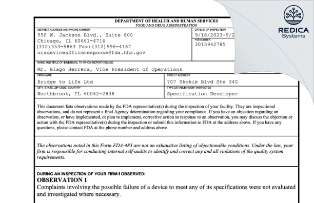 FDA 483 - Bridge to Life Ltd [Northbrook / United States of America] - Download PDF - Redica Systems