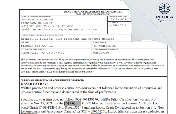 FDA 483 - Brammer Bio MA, LLC [Somerville / United States of America] - Download PDF - Redica Systems