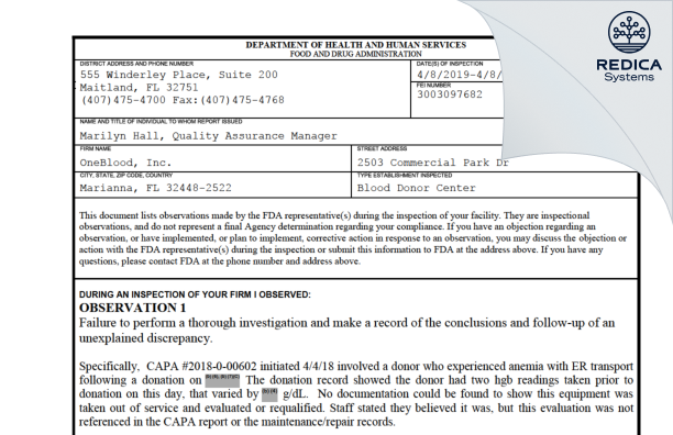 FDA 483 - OneBlood, Inc. [Marianna / United States of America] - Download PDF - Redica Systems