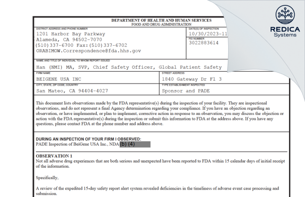 FDA 483 - BEIGENE USA INC [San Mateo / United States of America] - Download PDF - Redica Systems