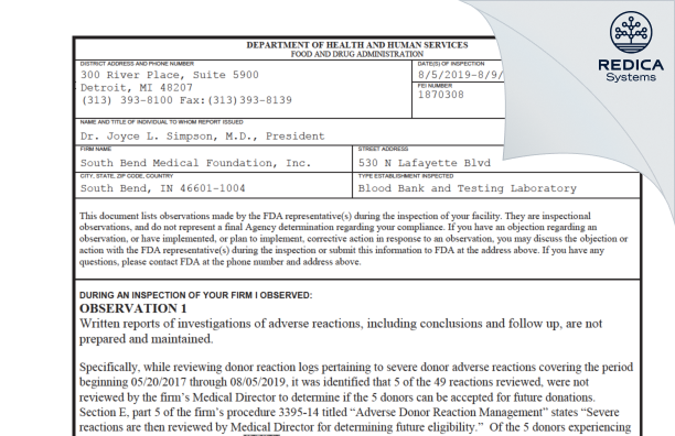 FDA 483 - South Bend Medical Foundation, Inc. [South Bend / United States of America] - Download PDF - Redica Systems