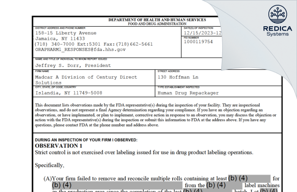 FDA 483 - Madcar A Division of Century Direct LLC [Islandia / United States of America] - Download PDF - Redica Systems
