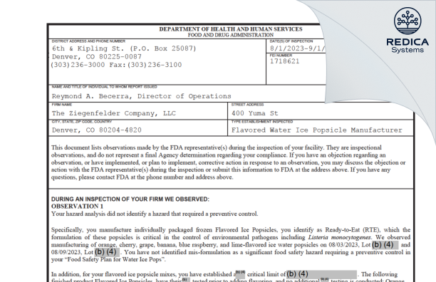 FDA 483 - The Ziegenfelder Company, LLC [Denver / United States of America] - Download PDF - Redica Systems