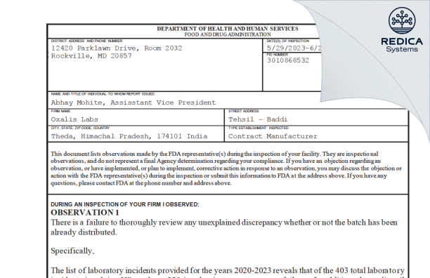 FDA 483 - OXALIS LABS [Baddi / India] - Download PDF - Redica Systems