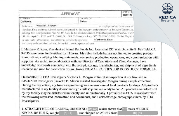 FDA 483 - Primal Pet Foods Inc. [Fairfield / United States of America] - Download PDF - Redica Systems
